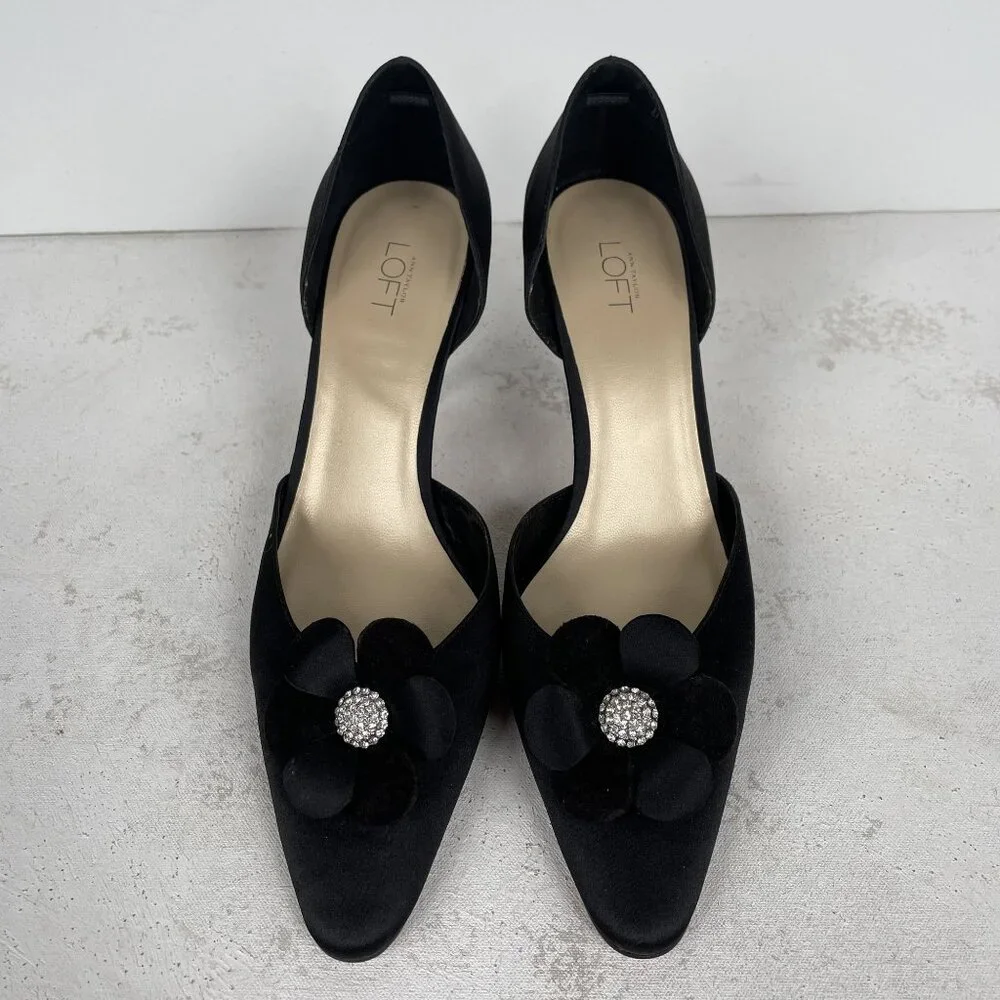 Ann Taylor Loft Pumps Heels Womens 10 M Black‎ Satin Flower